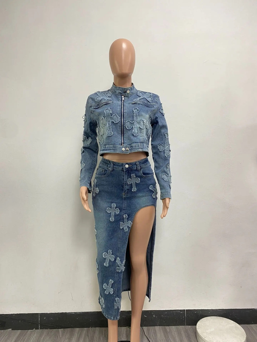 Cross denim skirt set